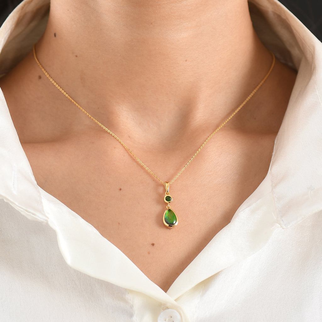 D'Joy - Ammolite & Natural Chrome Diopside Drop Pendant with Chain (Size 20) in 18K Vermeil Yellow Gold Plated Sterling Silver 1.40 Ct._4478447_1