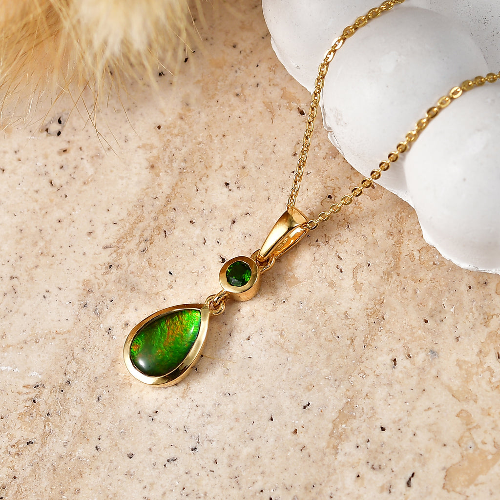 D'Joy - Ammolite & Natural Chrome Diopside Drop Pendant with Chain (Size 20) in 18K Vermeil Yellow Gold Plated Sterling Silver 1.40 Ct._4478447_2