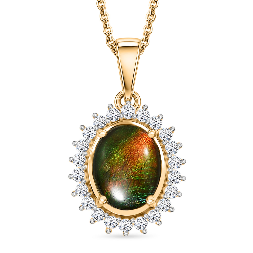 Luxuriant - Ammolite & Lab Grown Diamond (SI/G-H) Halo Pendant with Chain (Size 20) in 18K Vermeil Yellow Gold Plated Sterling Silver 2.70 Ct._4478448