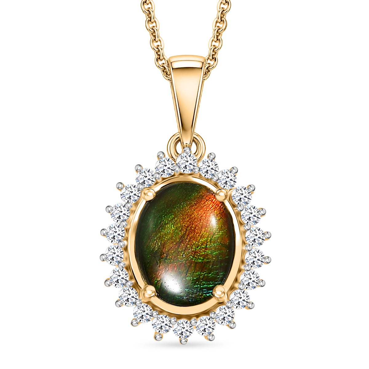 Luxuriant - Ammolite &amp; Lab Grown Diamond (SI/G-H) Halo Pendant with Chain (Size 20) in 18K Vermeil Yellow Gold Plated Sterling Silver 2.70 Ct. V32525886 0