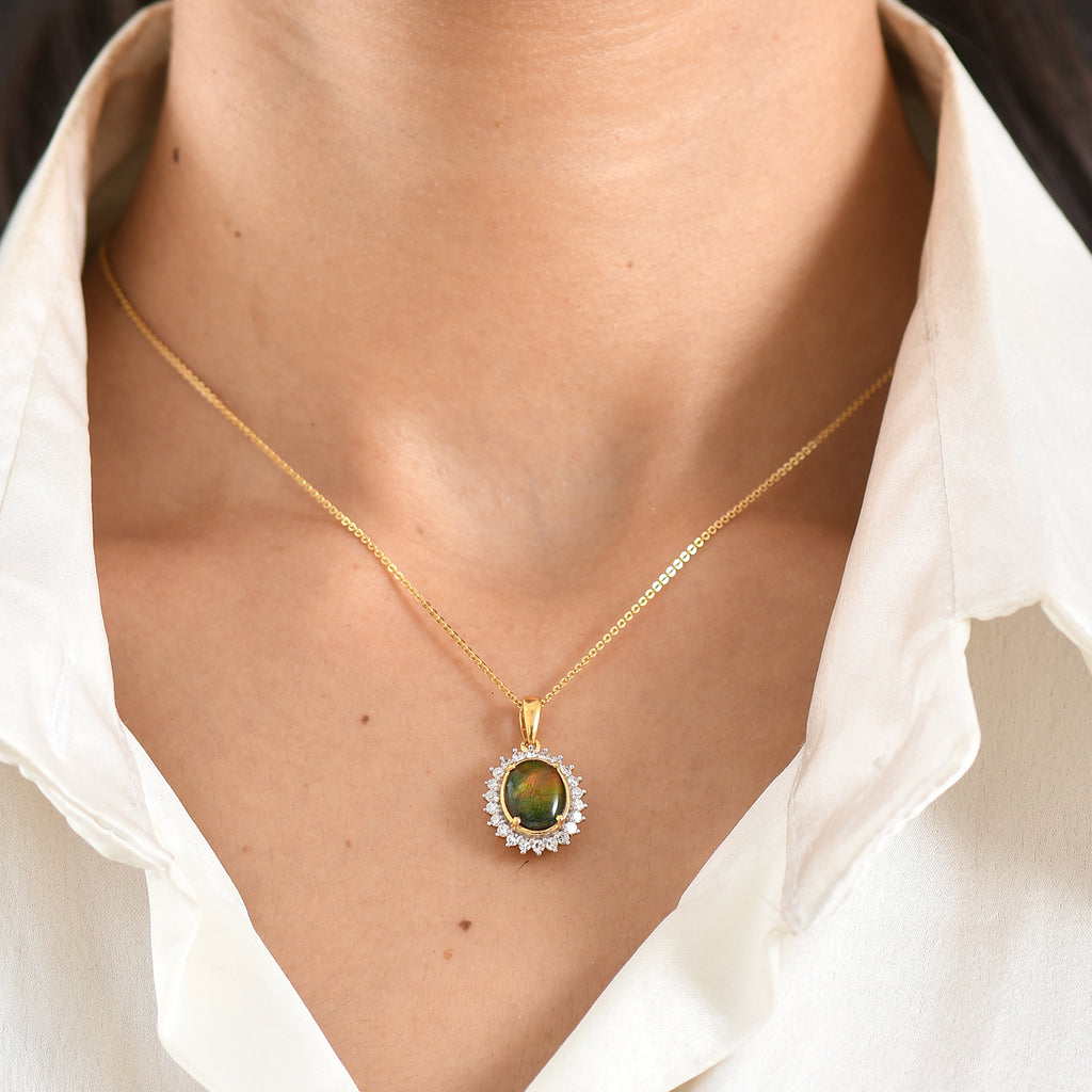 Luxuriant - Ammolite & Lab Grown Diamond (SI/G-H) Halo Pendant with Chain (Size 20) in 18K Vermeil Yellow Gold Plated Sterling Silver 2.70 Ct._4478448_1