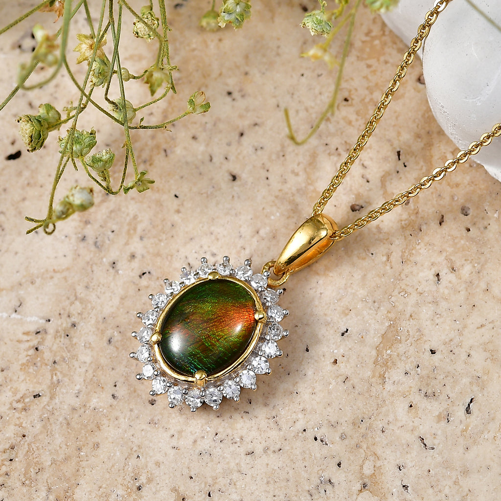 Luxuriant - Ammolite & Lab Grown Diamond (SI/G-H) Halo Pendant with Chain (Size 20) in 18K Vermeil Yellow Gold Plated Sterling Silver 2.70 Ct._4478448_2