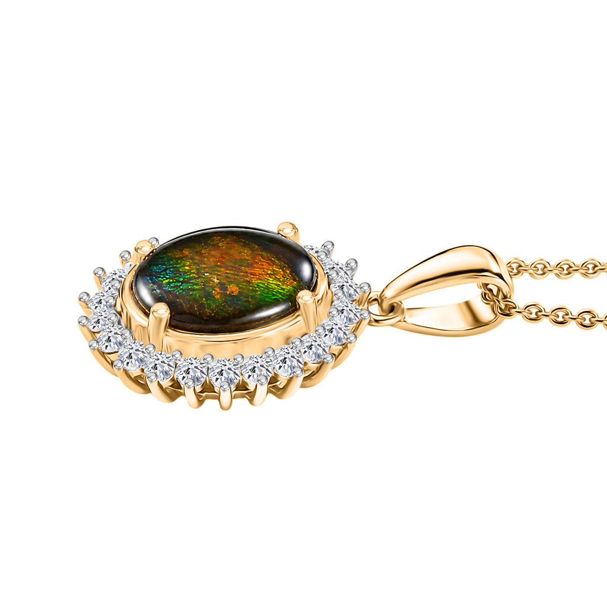 Luxuriant - Ammolite &amp; Lab Grown Diamond (SI/G-H) Halo Pendant with Chain (Size 20) in 18K Vermeil Yellow Gold Plated Sterling Silver 2.70 Ct. V32525886 4