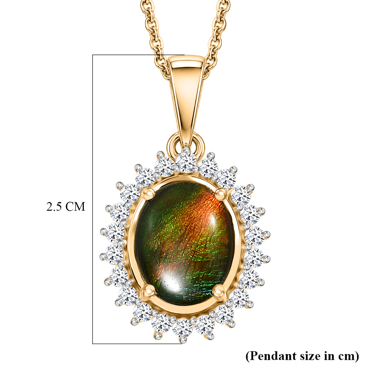 Luxuriant - Ammolite &amp; Lab Grown Diamond (SI/G-H) Halo Pendant with Chain (Size 20) in 18K Vermeil Yellow Gold Plated Sterling Silver 2.70 Ct. V32525886 6