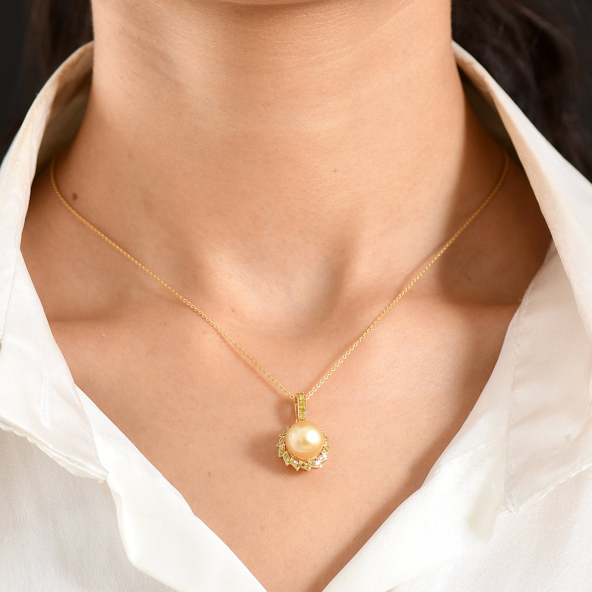 AAA Golden South Sea Pearl (9-11mm) &amp; Natural Yellow Diamond Halo Pendant with Chain (Size 20) in 18K Vermeil Yellow Gold Plated Sterling Silver V32575135 2