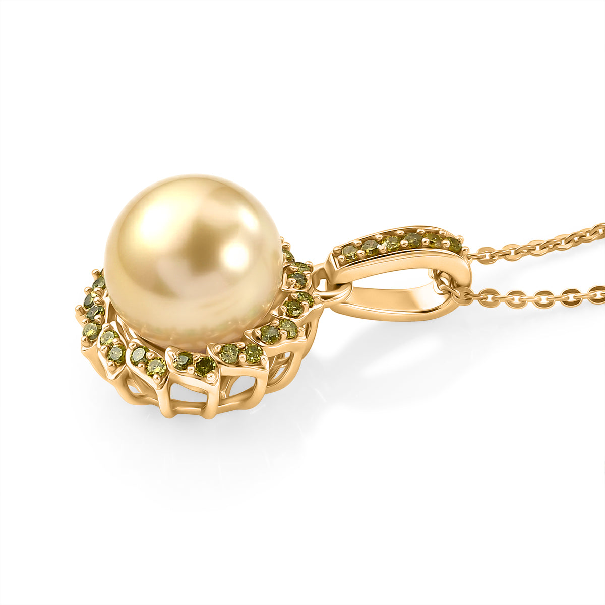 AAA Golden South Sea Pearl (9-11mm) &amp; Natural Yellow Diamond Halo Pendant with Chain (Size 20) in 18K Vermeil Yellow Gold Plated Sterling Silver V32575135 4