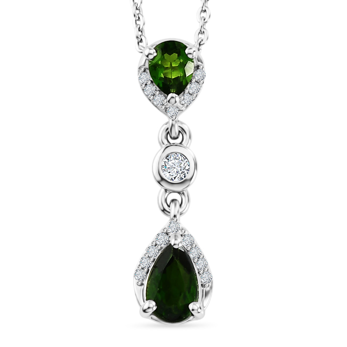 D'Joy - Natural Chrome Diopside &amp; White Zircon Drop Pendant with Chain (Size 20) in Platinum Overlay Sterling Silver V32514027 0