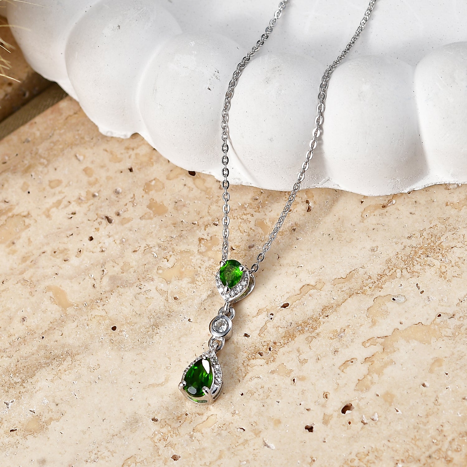 D'Joy - Natural Chrome Diopside &amp; White Zircon Drop Pendant with Chain (Size 20) in Platinum Overlay Sterling Silver V32514027 3