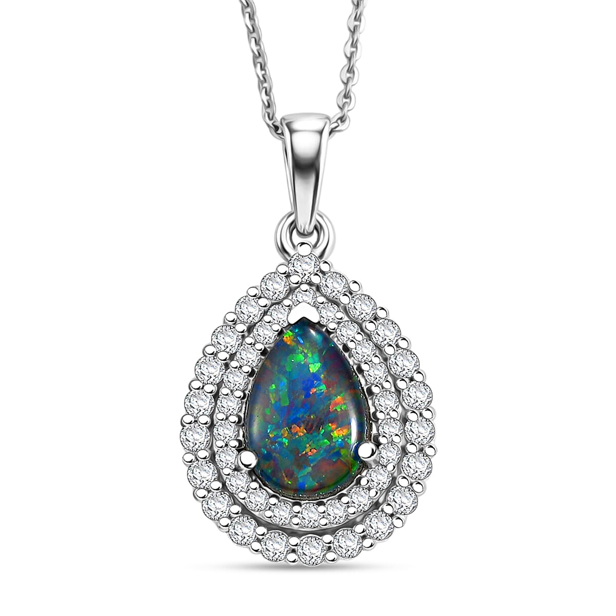 D'Joy - AGI Certified Australian Opal Triplet &amp; Moissanite Halo Pendant with Chain (Size 20) in Rhodium Overlay Sterling Silver 2.00 Ct. 4478778 0