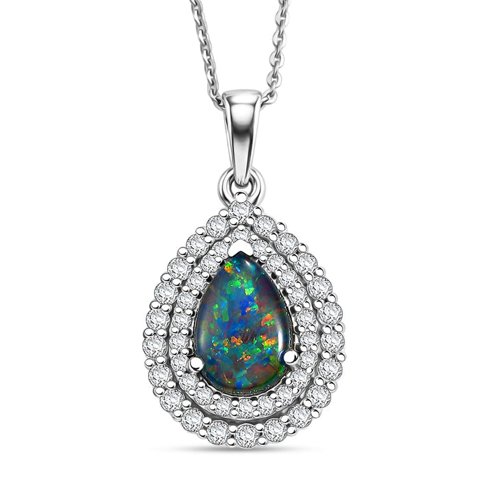 D'Joy - AGI Certified Australian Opal Triplet &amp; Moissanite Halo Pendant with Chain (Size 20) in Rhodium Overlay Sterling Silver 2.00 Ct. 4478778 1