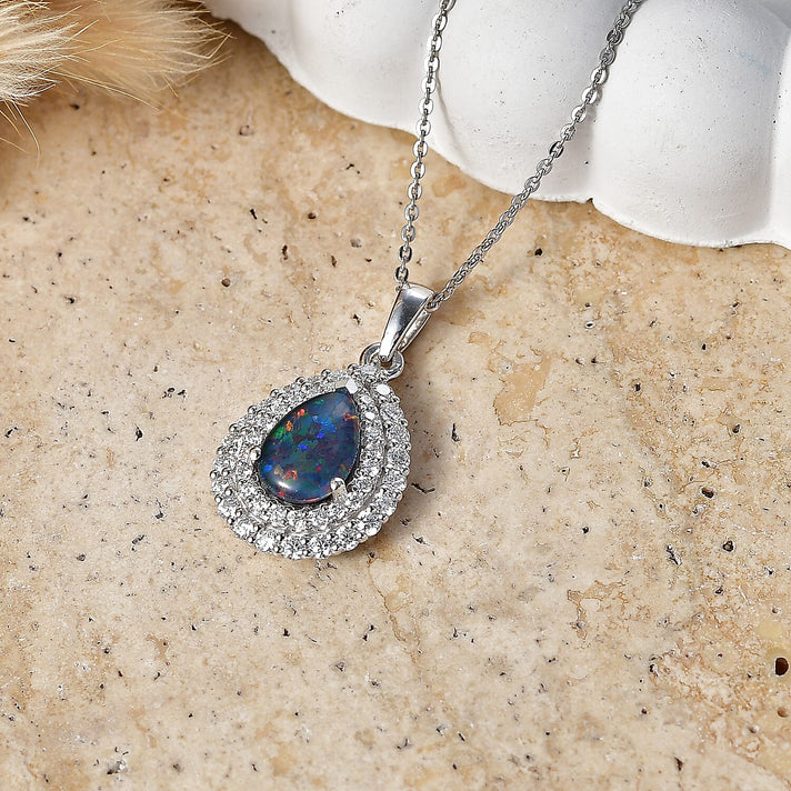 D'Joy - AGI Certified Australian Opal Triplet &amp; Moissanite Halo Pendant with Chain (Size 20) in Rhodium Overlay Sterling Silver 2.00 Ct. 4478778 2