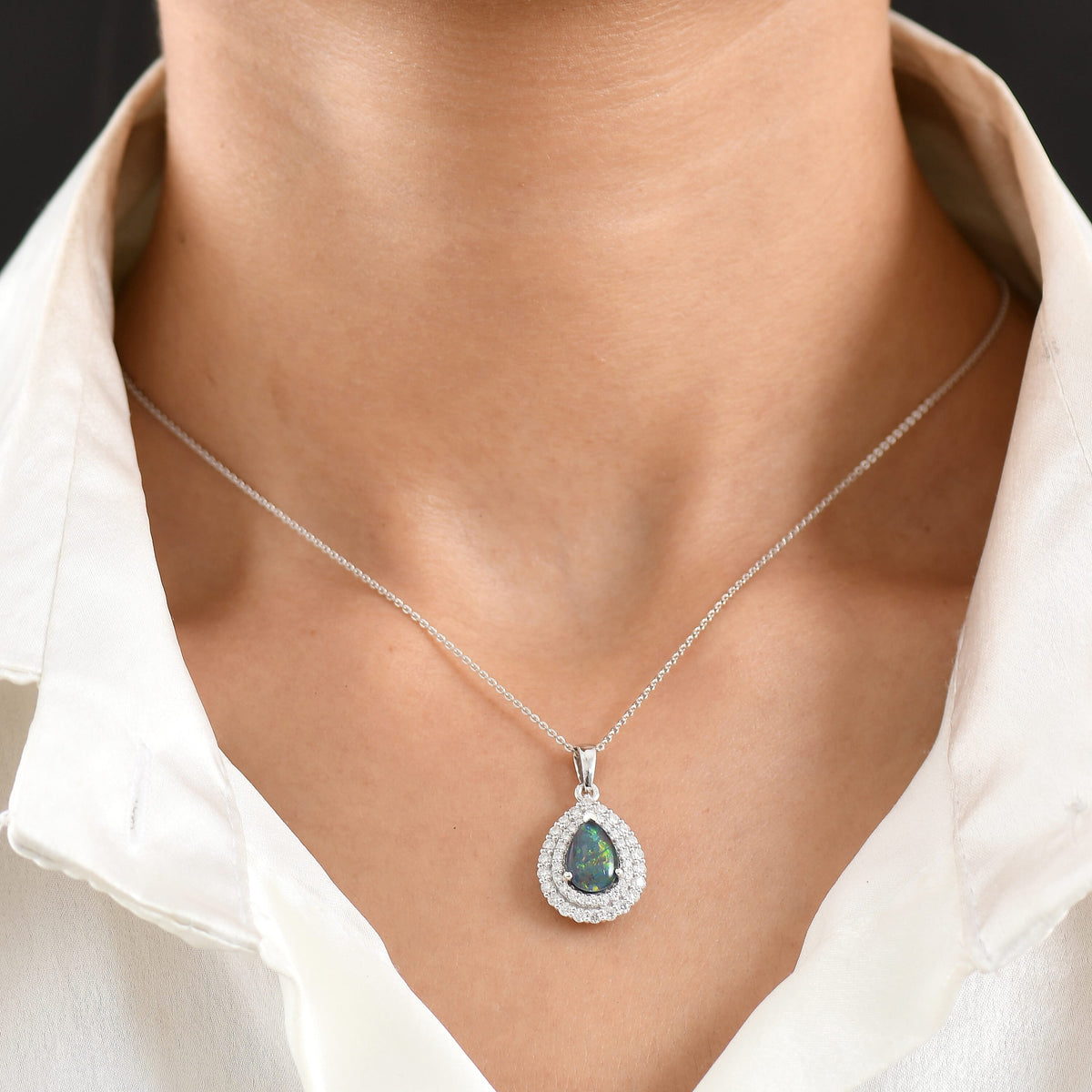 D'Joy - AGI Certified Australian Opal Triplet &amp; Moissanite Halo Pendant with Chain (Size 20) in Rhodium Overlay Sterling Silver 2.00 Ct. 4478778 2