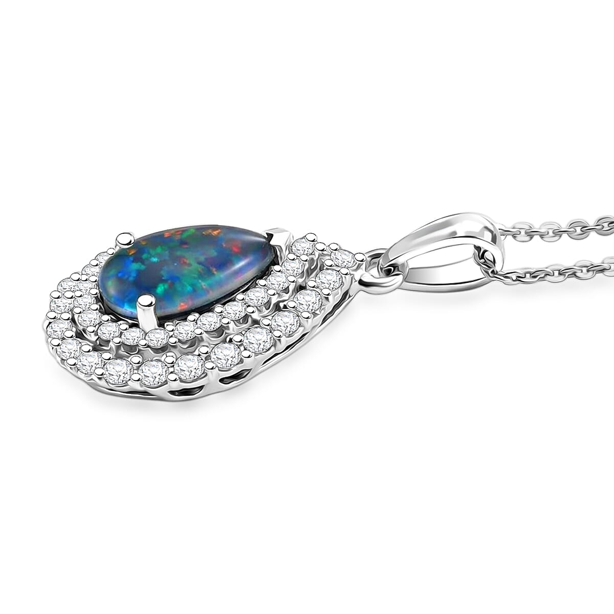 D'Joy - AGI Certified Australian Opal Triplet &amp; Moissanite Halo Pendant with Chain (Size 20) in Rhodium Overlay Sterling Silver 2.00 Ct. 4478778 3