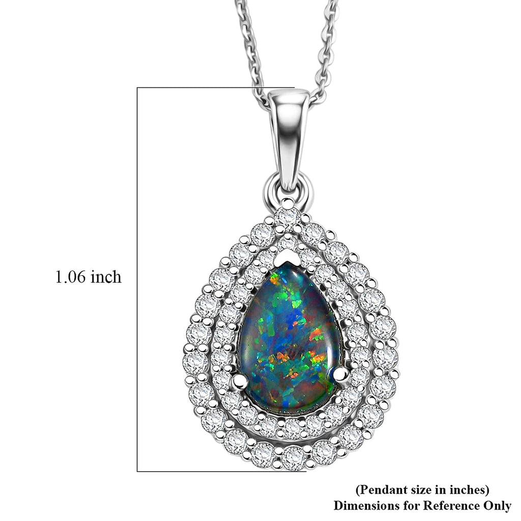 D'Joy - AGI Certified Australian Opal Triplet & Moissanite Halo Pendant with Chain (Size 20) in Rhodium Overlay Sterling Silver 2.00 Ct._4478778_6