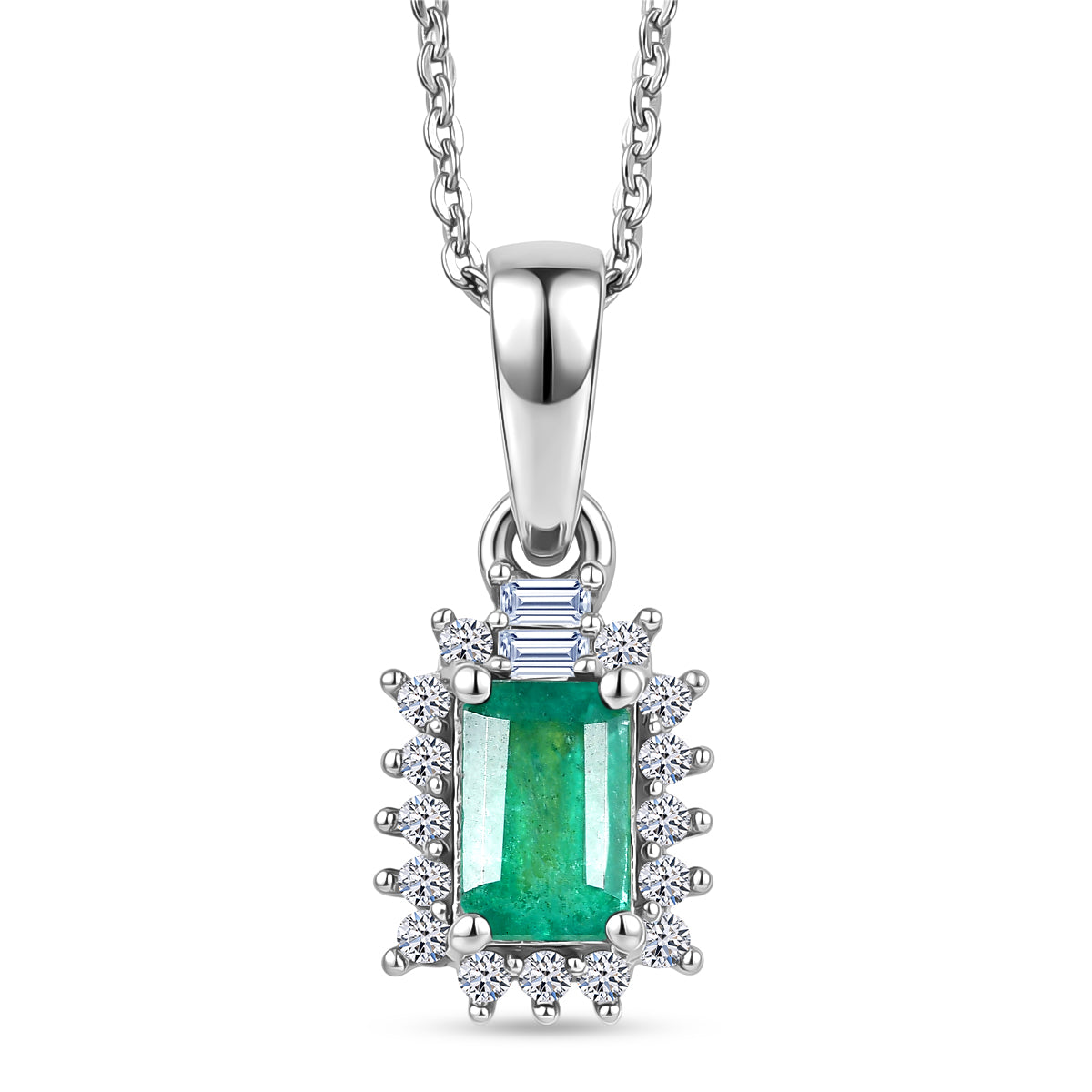 Luxuriant - AAA Gemfields Zambian Emerald &amp; Lab Grown Diamond (SI-G-H) Halo Pendant with Chain (Size 20) in Rhodium Overlay Sterling Silver 0.75 Ct. 4478861 0