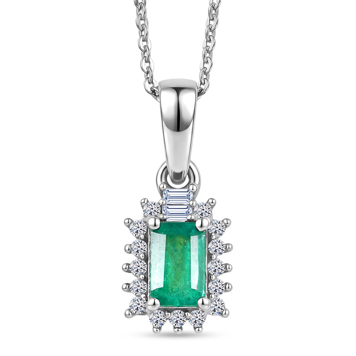 Luxuriant - AAA Gemfields Zambian Emerald &amp; Lab Grown Diamond (SI-G-H) Halo Pendant with Chain (Size 20) in Rhodium Overlay Sterling Silver 0.75 Ct. 4478861 1