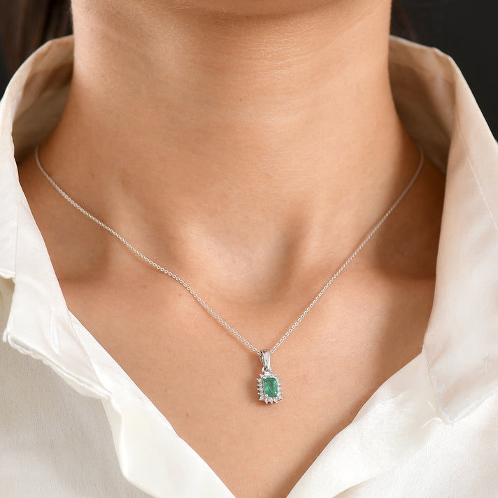 Luxuriant - AAA Gemfields Zambian Emerald &amp; Lab Grown Diamond (SI-G-H) Halo Pendant with Chain (Size 20) in Rhodium Overlay Sterling Silver 0.75 Ct. 4478861 2
