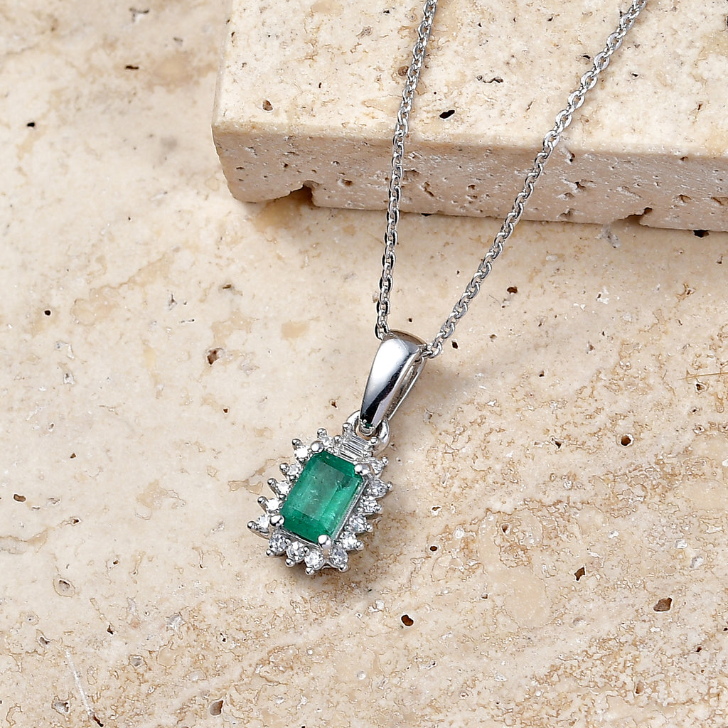 Luxuriant - AAA Gemfields Zambian Emerald & Lab Grown Diamond (SI/G-H) Halo Pendant with Chain (Size 20) in Rhodium Overlay Sterling Silver 0.75 Ct._4478861_2