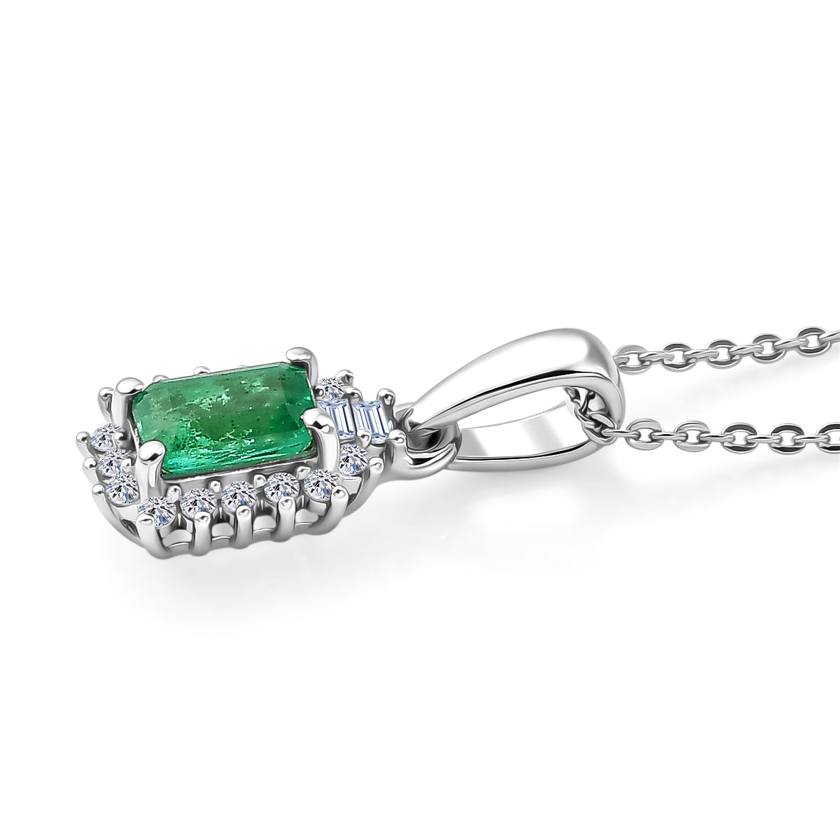 Luxuriant - AAA Gemfields Zambian Emerald &amp; Lab Grown Diamond (SI-G-H) Halo Pendant with Chain (Size 20) in Rhodium Overlay Sterling Silver 0.75 Ct. 4478861 4