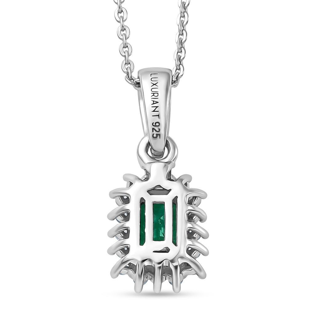 Luxuriant - AAA Gemfields Zambian Emerald & Lab Grown Diamond (SI/G-H) Halo Pendant with Chain (Size 20) in Rhodium Overlay Sterling Silver 0.75 Ct._4478861_4