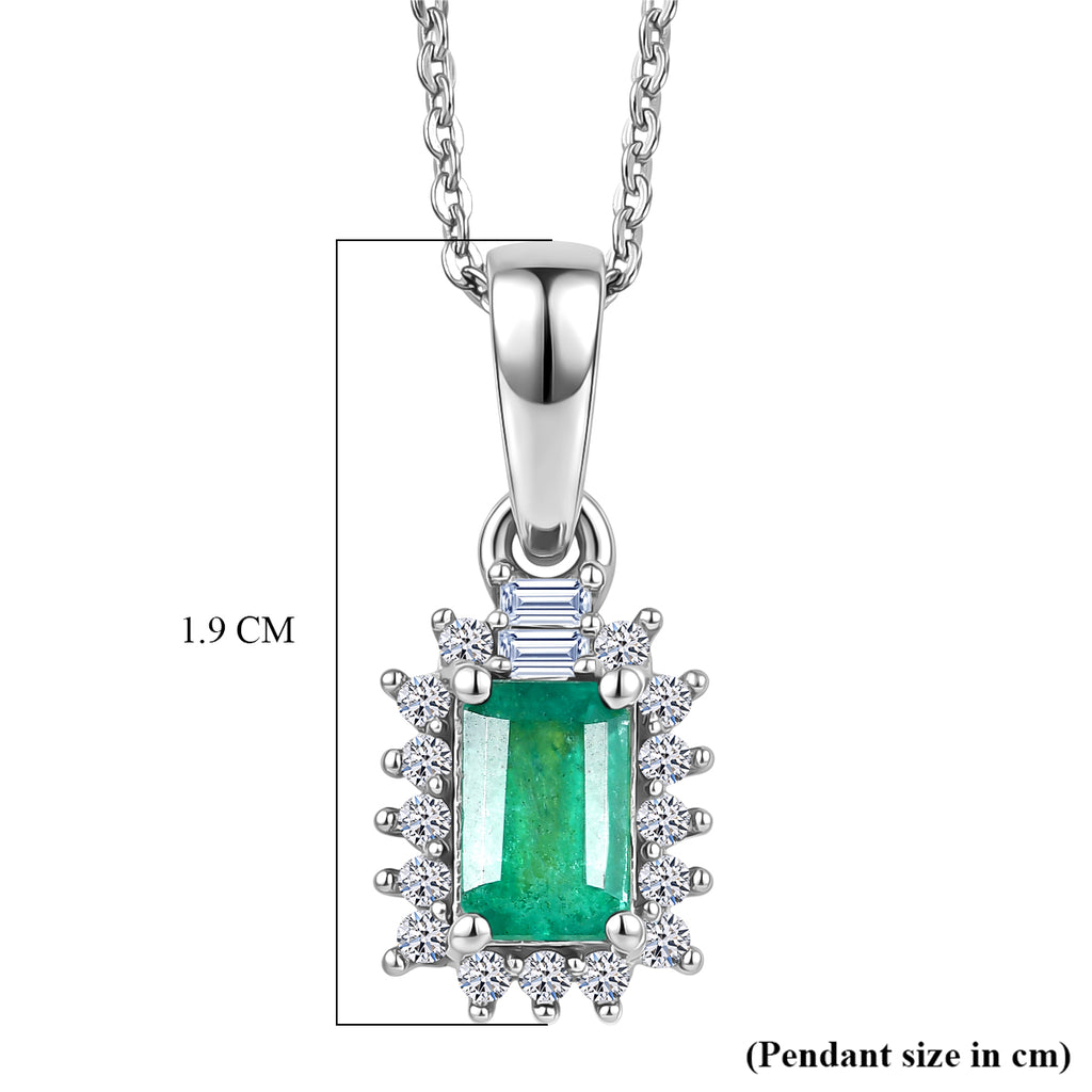 Luxuriant - AAA Gemfields Zambian Emerald & Lab Grown Diamond (SI/G-H) Halo Pendant with Chain (Size 20) in Rhodium Overlay Sterling Silver 0.75 Ct._4478861_5
