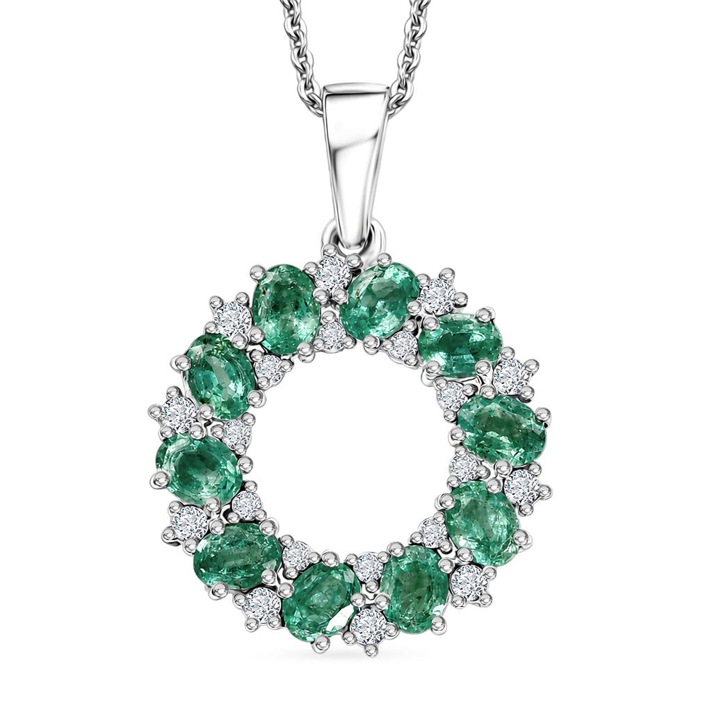 D'Joy - AAA Gemfields Zambian Emerald & White Zircon Cluster Circle Pendant with Chain (Size 20) in Rhodium Overlay Sterling Silver 1.90 Ct._4478862