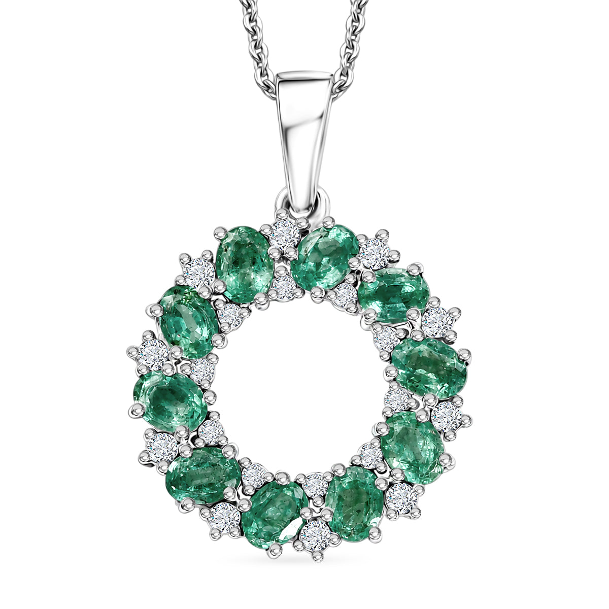 D'Joy - AAA Gemfields Zambian Emerald &amp; White Zircon Cluster Circle Pendant with Chain (Size 20) in Rhodium Overlay Sterling Silver 1.90 Ct. 4478862 0