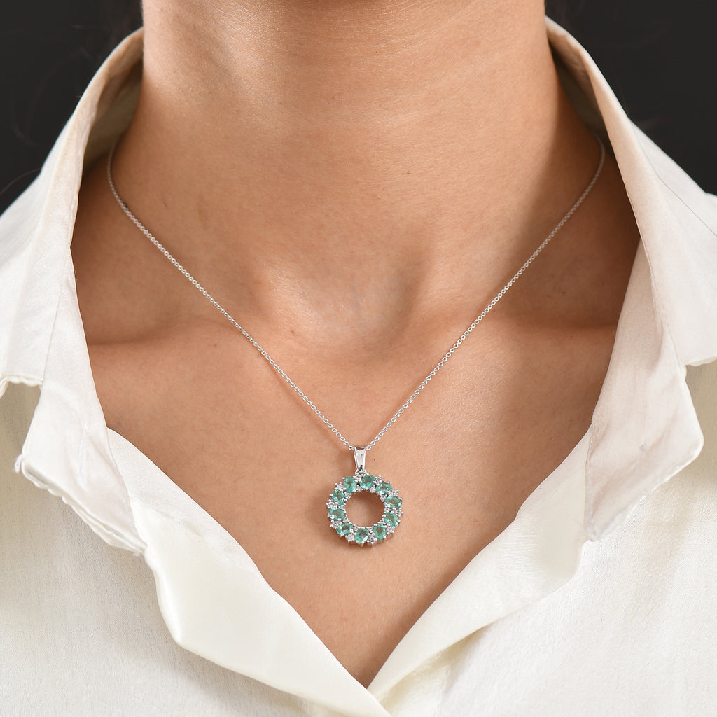 D'Joy - AAA Gemfields Zambian Emerald & White Zircon Cluster Circle Pendant with Chain (Size 20) in Rhodium Overlay Sterling Silver 1.90 Ct._4478862_1