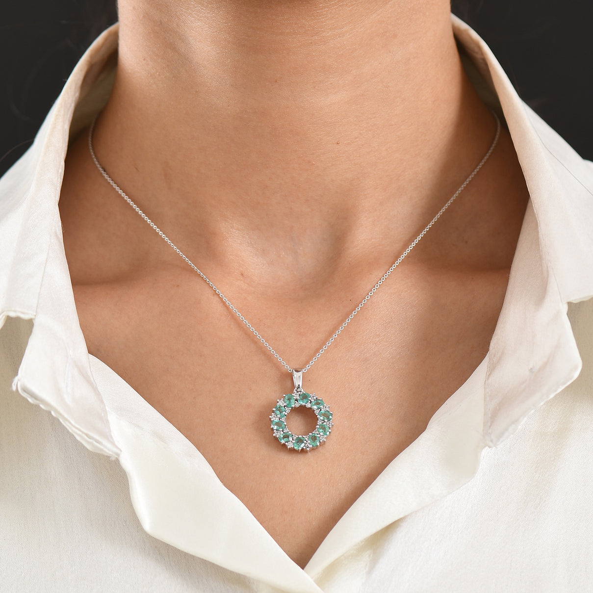 D'Joy - AAA Gemfields Zambian Emerald &amp; White Zircon Cluster Circle Pendant with Chain (Size 20) in Rhodium Overlay Sterling Silver 1.90 Ct. 4478862 2
