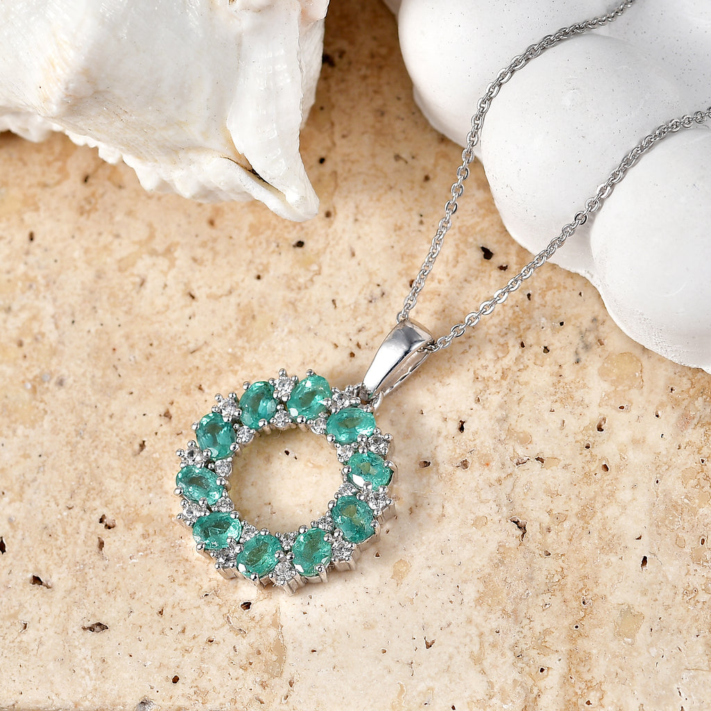 D'Joy - AAA Gemfields Zambian Emerald & White Zircon Cluster Circle Pendant with Chain (Size 20) in Rhodium Overlay Sterling Silver 1.90 Ct._4478862_2