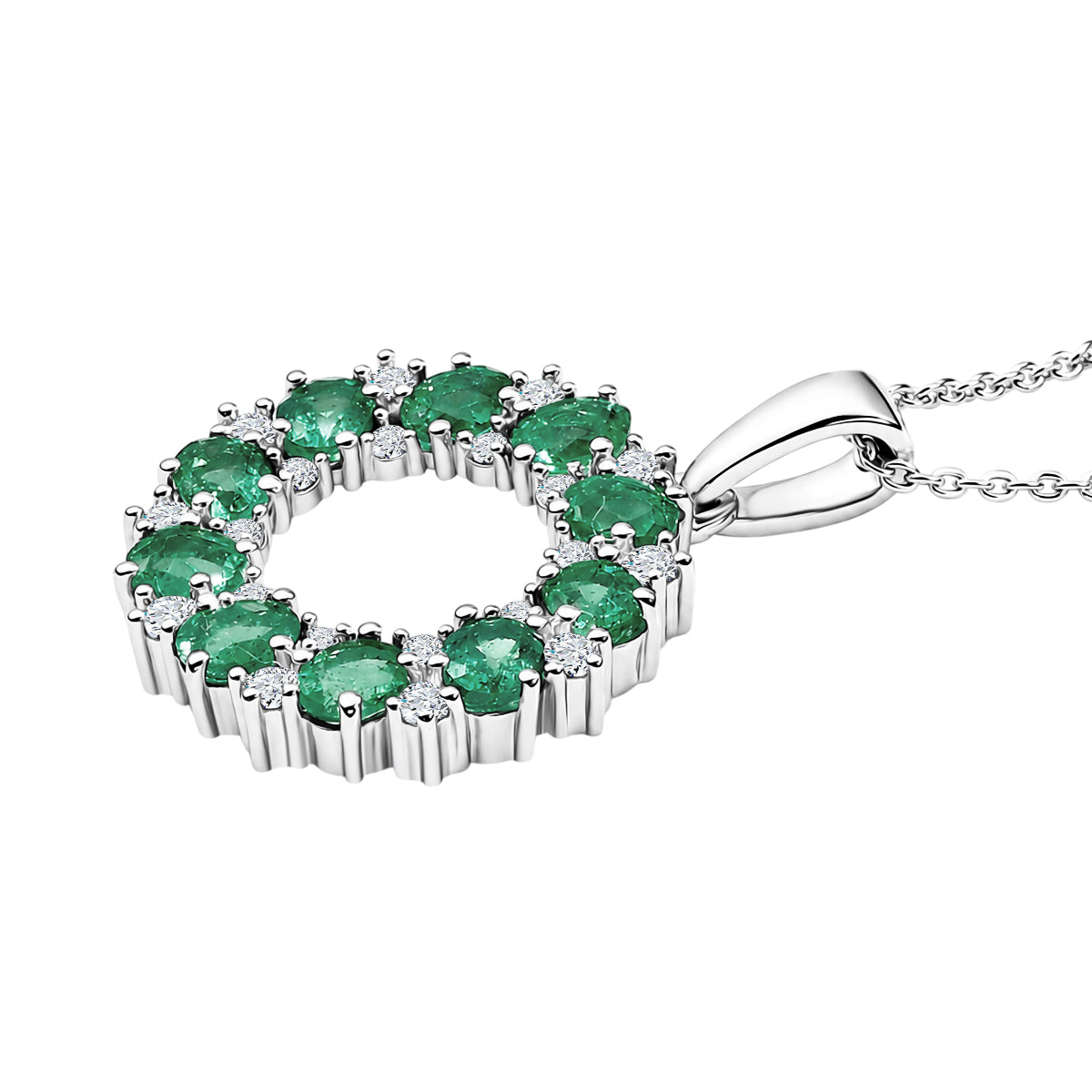 D'Joy - AAA Gemfields Zambian Emerald &amp; White Zircon Cluster Circle Pendant with Chain (Size 20) in Rhodium Overlay Sterling Silver 1.90 Ct. 4478862 4