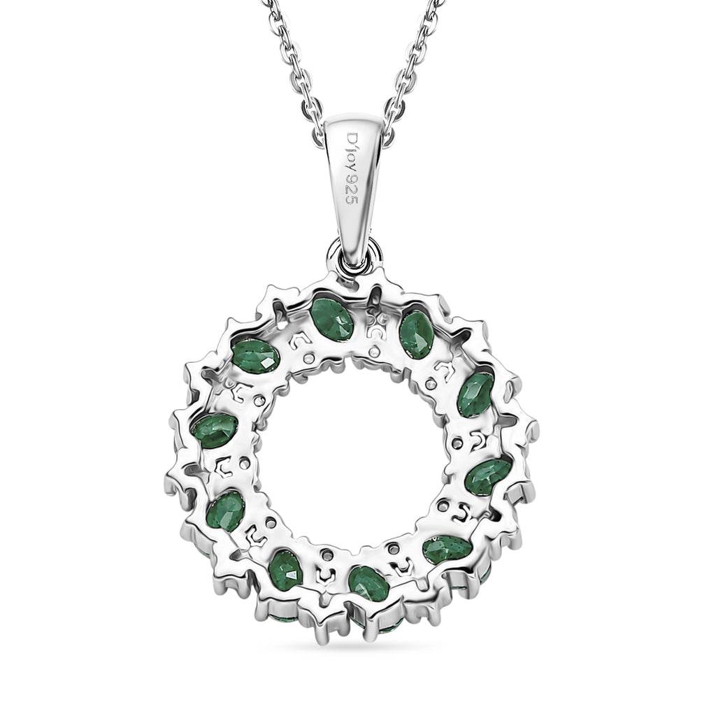 D'Joy - AAA Gemfields Zambian Emerald & White Zircon Cluster Circle Pendant with Chain (Size 20) in Rhodium Overlay Sterling Silver 1.90 Ct._4478862_4