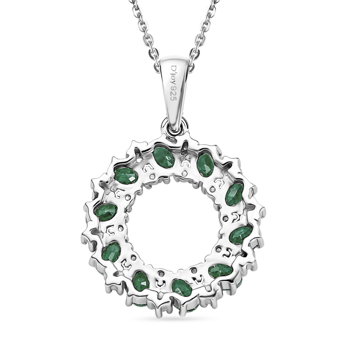 D'Joy - AAA Gemfields Zambian Emerald &amp; White Zircon Cluster Circle Pendant with Chain (Size 20) in Rhodium Overlay Sterling Silver 1.90 Ct. 4478862 5