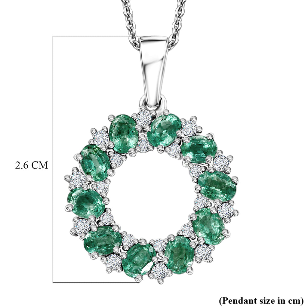 D'Joy - AAA Gemfields Zambian Emerald & White Zircon Cluster Circle Pendant with Chain (Size 20) in Rhodium Overlay Sterling Silver 1.90 Ct._4478862_5