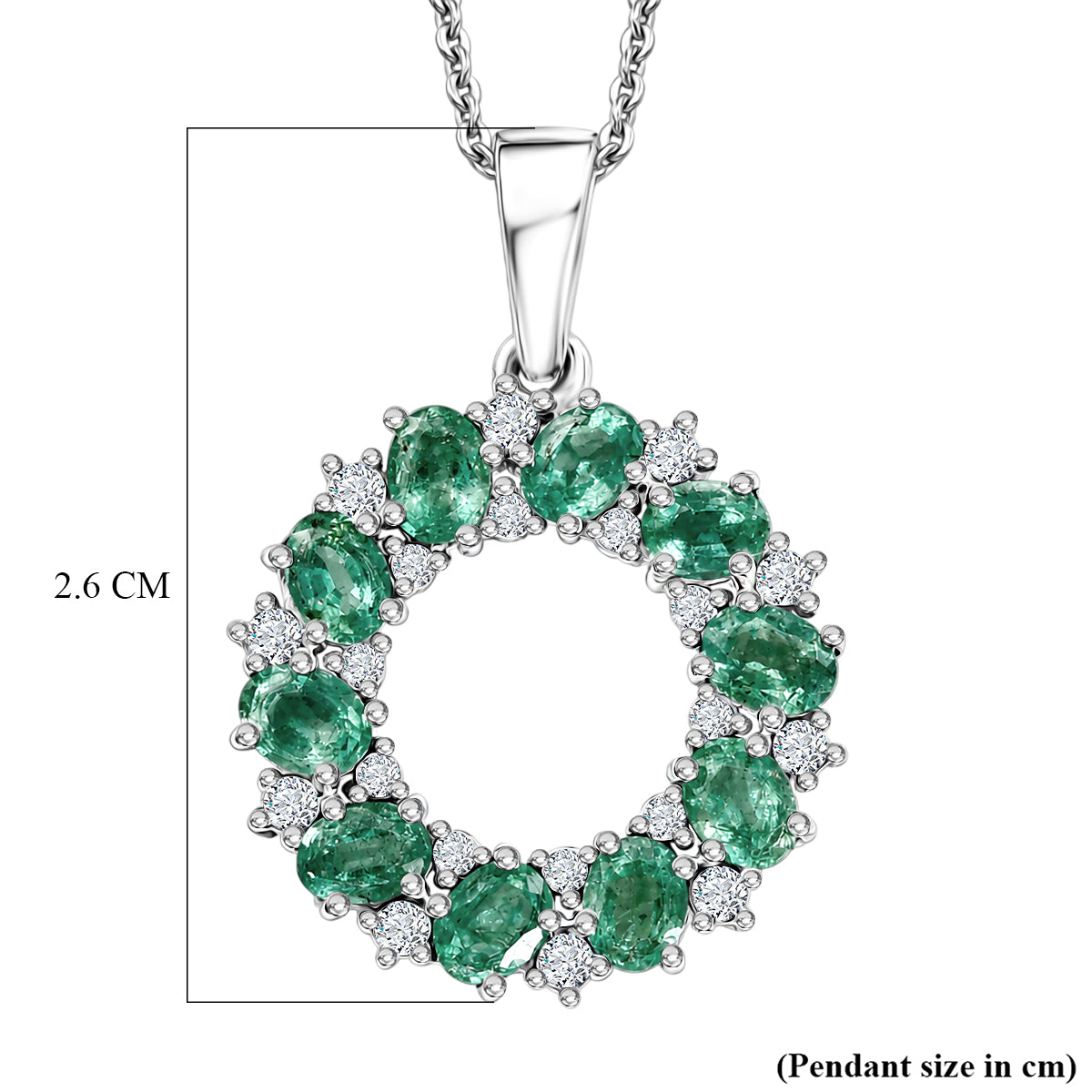D'Joy - AAA Gemfields Zambian Emerald &amp; White Zircon Cluster Circle Pendant with Chain (Size 20) in Rhodium Overlay Sterling Silver 1.90 Ct. 4478862 6