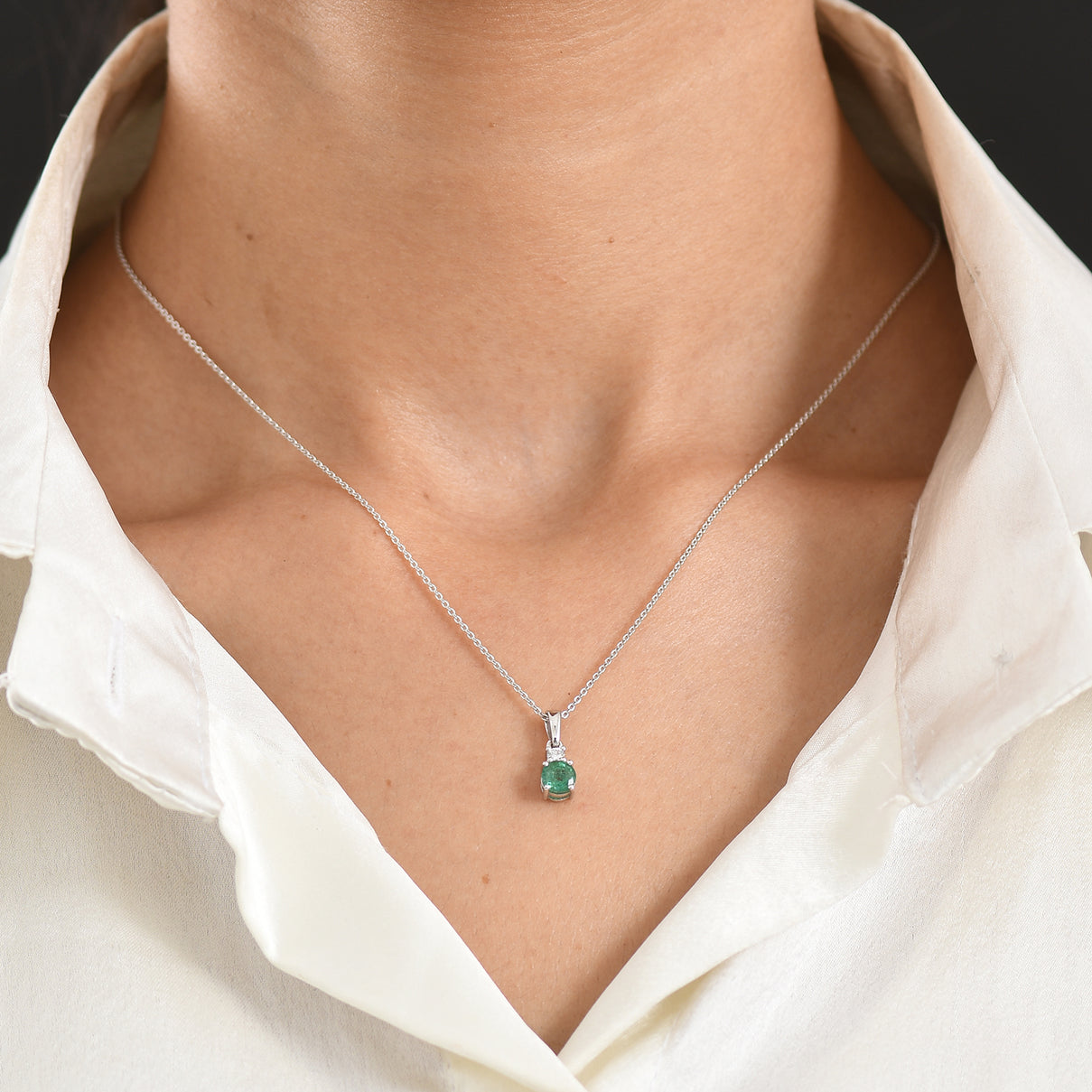 Luxuriant - AAA Gemfields Zambian Emerald &amp; Lab Grown Diamond (SI-G-H) Drop Pendant with Chain (Size 20) in Rhodium Overlay Sterling Silver 0.55 Ct. 4478863 2