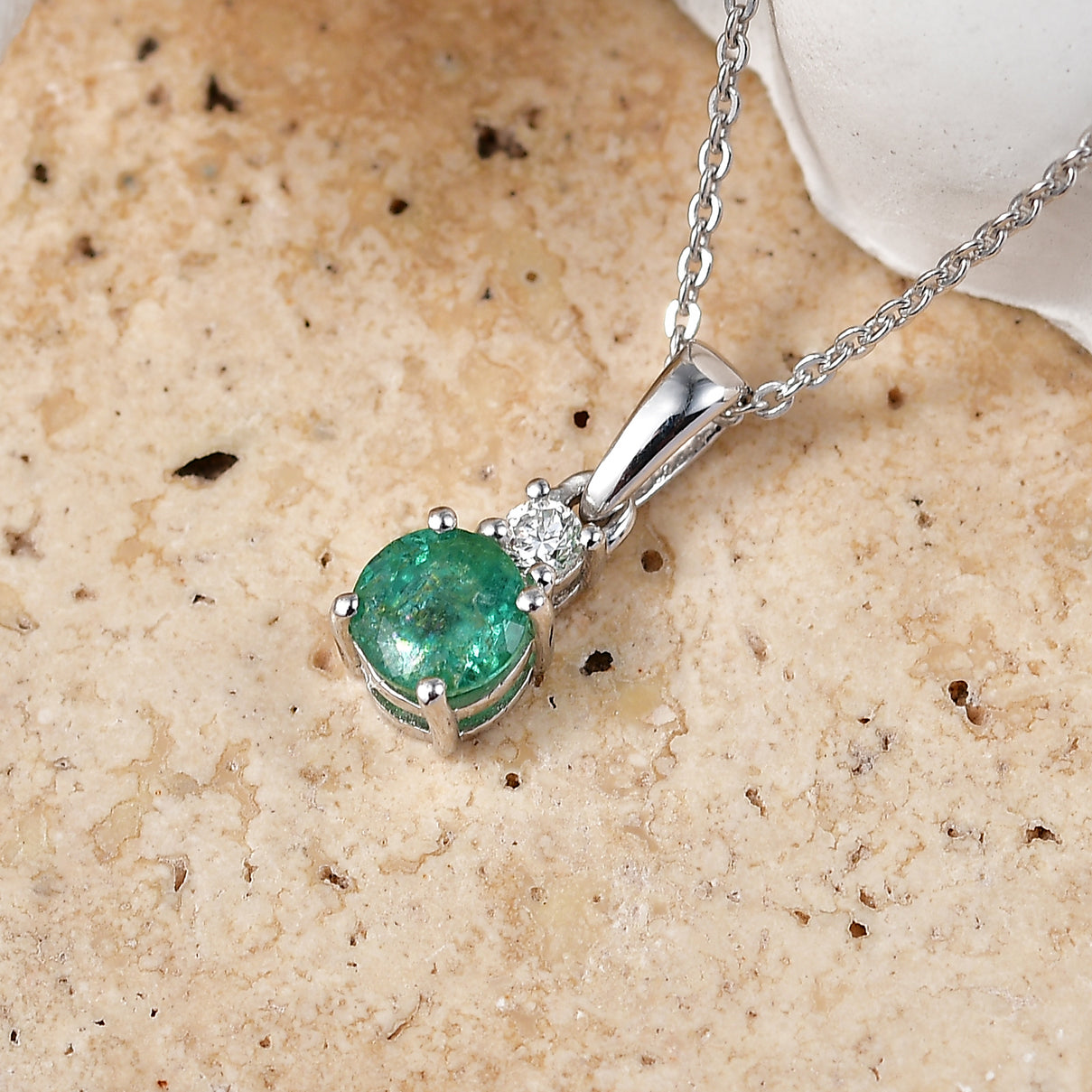 Luxuriant - AAA Gemfields Zambian Emerald &amp; Lab Grown Diamond (SI-G-H) Drop Pendant with Chain (Size 20) in Rhodium Overlay Sterling Silver 0.55 Ct. 4478863 3