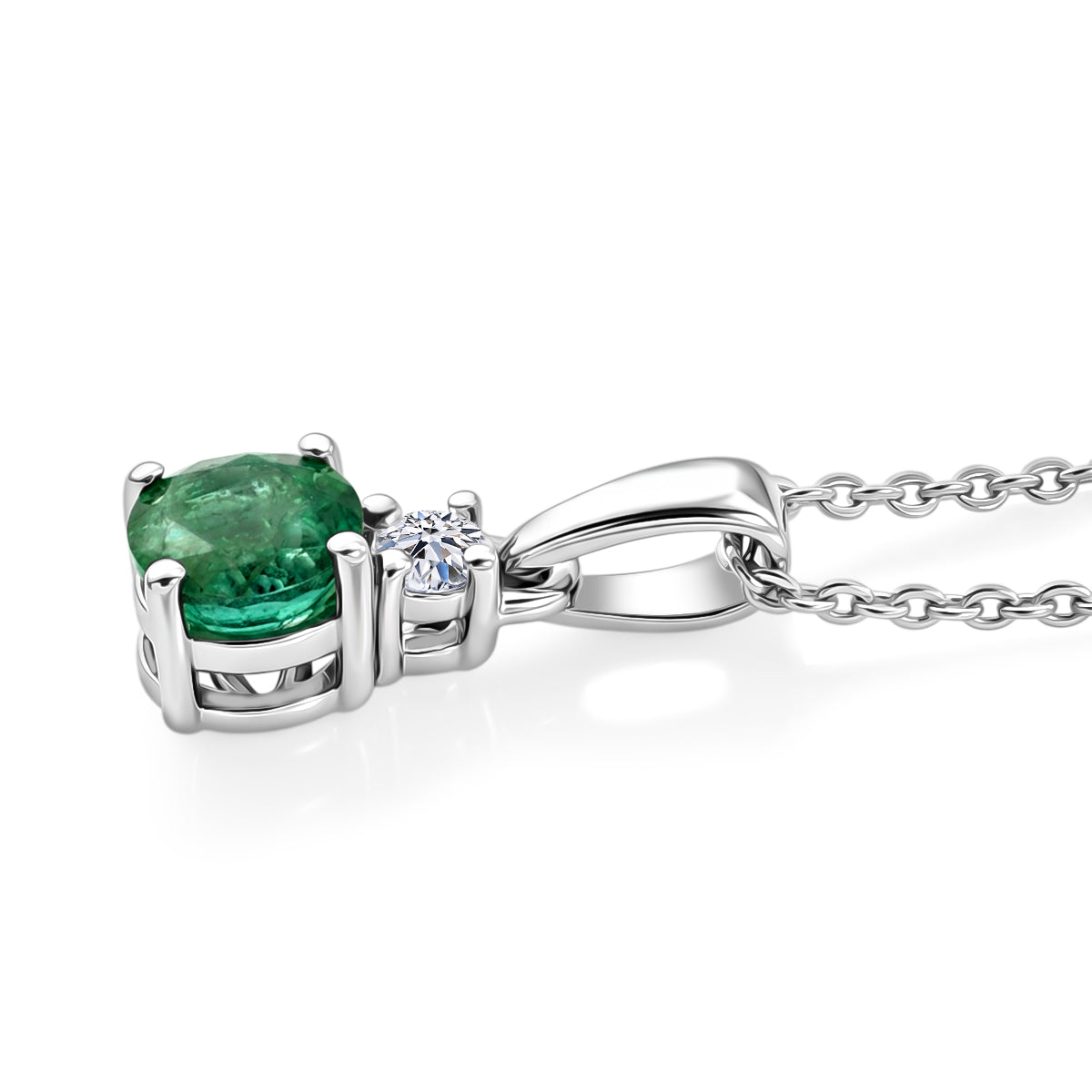 Luxuriant - AAA Gemfields Zambian Emerald &amp; Lab Grown Diamond (SI-G-H) Drop Pendant with Chain (Size 20) in Rhodium Overlay Sterling Silver 0.55 Ct. 4478863 4