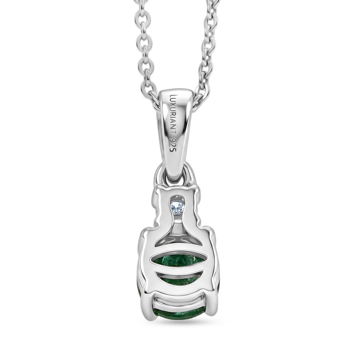 Luxuriant - AAA Gemfields Zambian Emerald &amp; Lab Grown Diamond (SI-G-H) Drop Pendant with Chain (Size 20) in Rhodium Overlay Sterling Silver 0.55 Ct. 4478863 5