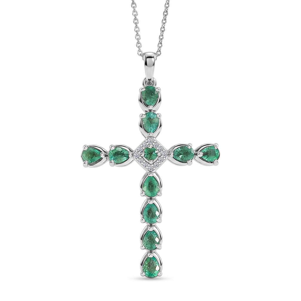 Luxuriant - Premium Zambian Emerald & Lab Grown Diamond (SI/G-H) Cross Pendant with Chain (Size 20) in Rhodium Overlay Sterling Silver 1.34 Ct._4478864