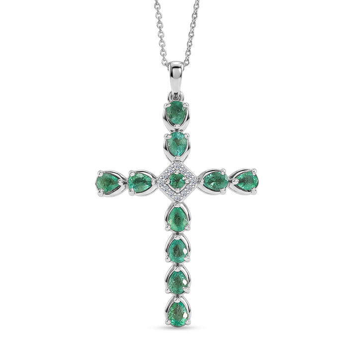 Luxuriant - Premium Zambian Emerald &amp; Lab Grown Diamond (SI-G-H) Cross Pendant with Chain (Size 20) in Rhodium Overlay Sterling Silver 1.34 Ct. 4478864 1
