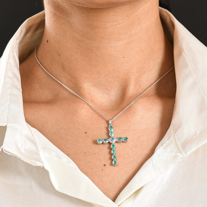 Luxuriant - Premium Zambian Emerald &amp; Lab Grown Diamond (SI-G-H) Cross Pendant with Chain (Size 20) in Rhodium Overlay Sterling Silver 1.34 Ct. 4478864 2