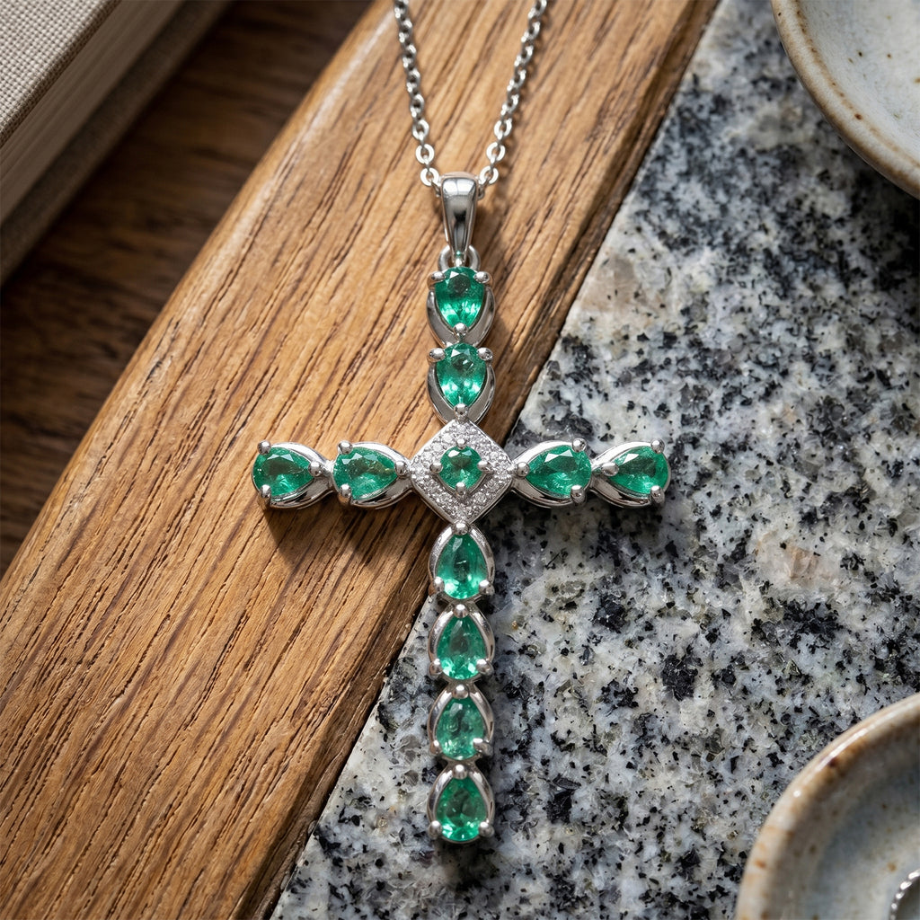 Luxuriant - Premium Zambian Emerald & Lab Grown Diamond (SI/G-H) Cross Pendant with Chain (Size 20) in Rhodium Overlay Sterling Silver 1.34 Ct._4478864_2