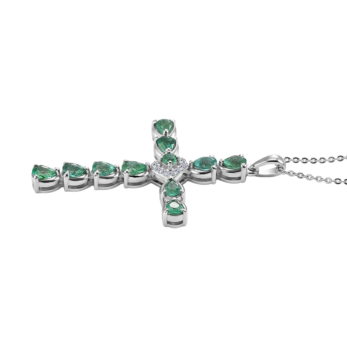 Luxuriant - Premium Zambian Emerald &amp; Lab Grown Diamond (SI-G-H) Cross Pendant with Chain (Size 20) in Rhodium Overlay Sterling Silver 1.34 Ct. 4478864 4