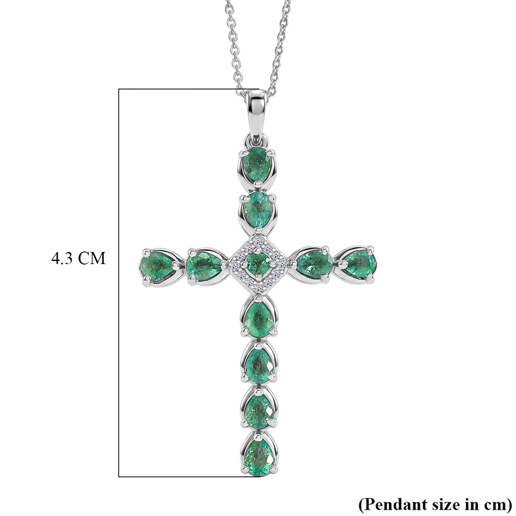 Luxuriant - Premium Zambian Emerald & Lab Grown Diamond (SI/G-H) Cross Pendant with Chain (Size 20) in Rhodium Overlay Sterling Silver 1.34 Ct._4478864_6