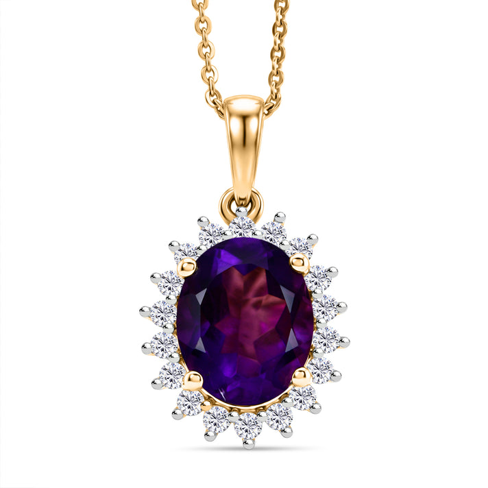 Luxuriant - AAA Zambian Amethyst &amp; Lab Grown Diamond (SI/G-H) Halo Drop Pendant with Chain (Size 20) in 18K Vermeil Yellow Gold Plated Sterling Silver 2.85 Ct. 4478867 1