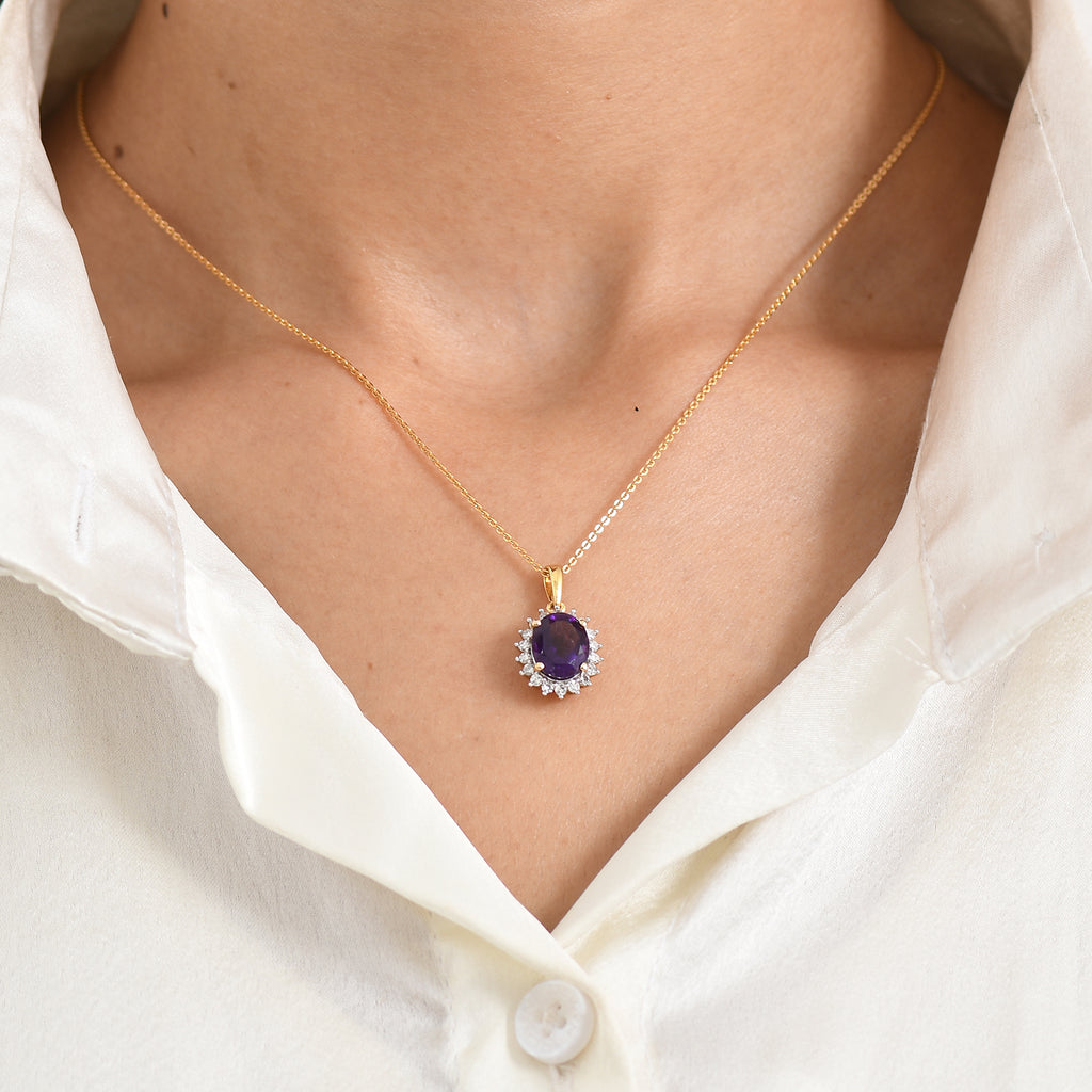 Luxuriant - AAA Zambian Amethyst & Lab Grown Diamond (SI/G-H) Halo Drop Pendant with Chain (Size 20) in 18K Vermeil Yellow Gold Plated Sterling Silver 2.85 Ct._4478867_1
