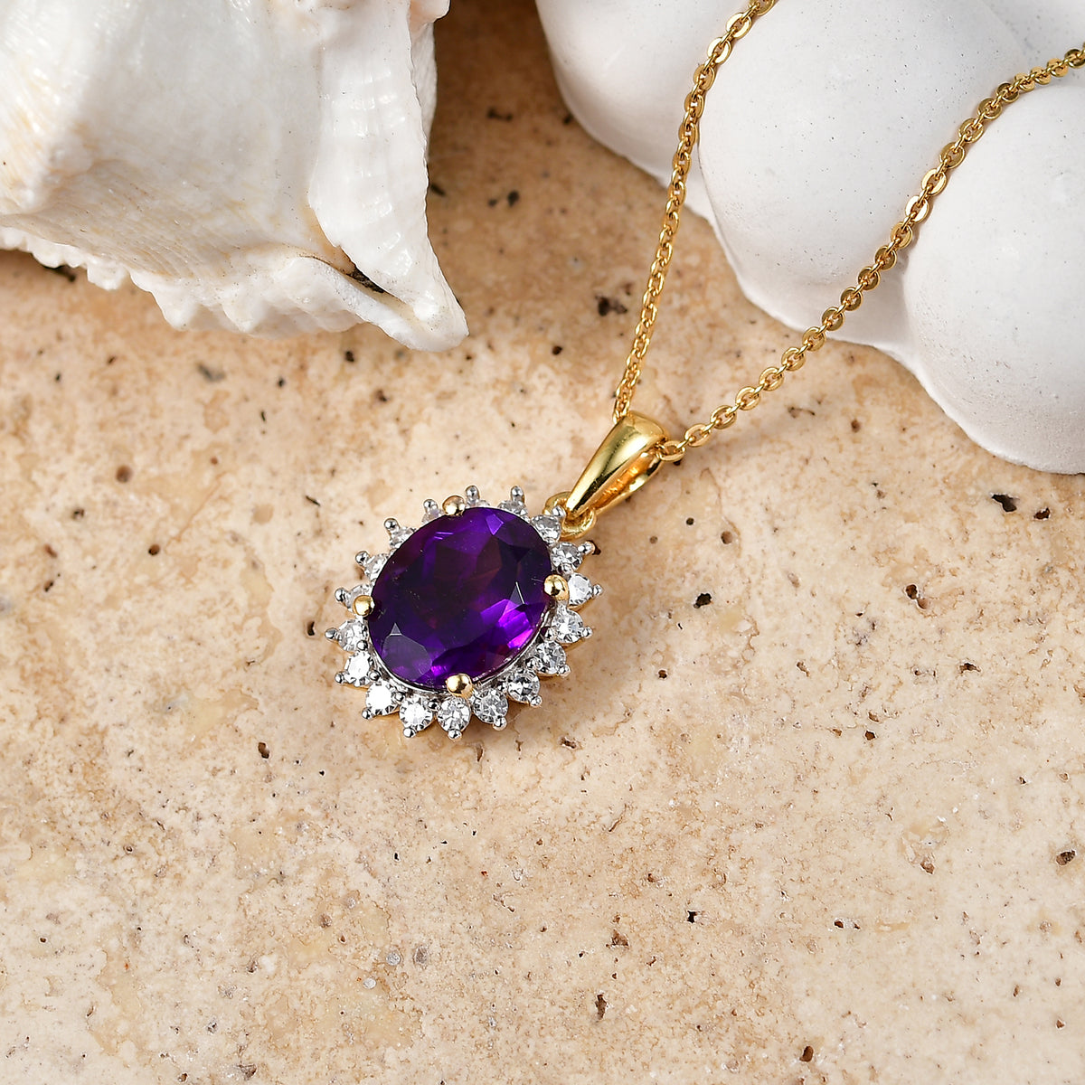 Luxuriant - AAA Zambian Amethyst &amp; Lab Grown Diamond (SI/G-H) Halo Drop Pendant with Chain (Size 20) in 18K Vermeil Yellow Gold Plated Sterling Silver 2.85 Ct. V32578319 3