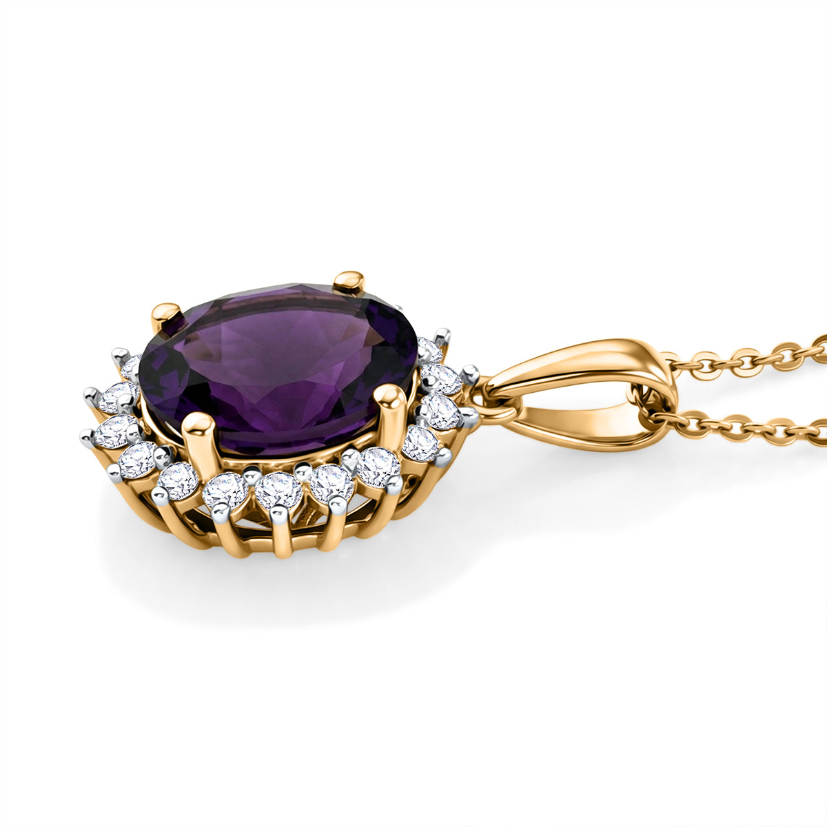 Luxuriant - AAA Zambian Amethyst &amp; Lab Grown Diamond (SI/G-H) Halo Drop Pendant with Chain (Size 20) in 18K Vermeil Yellow Gold Plated Sterling Silver 2.85 Ct. V32578319 4