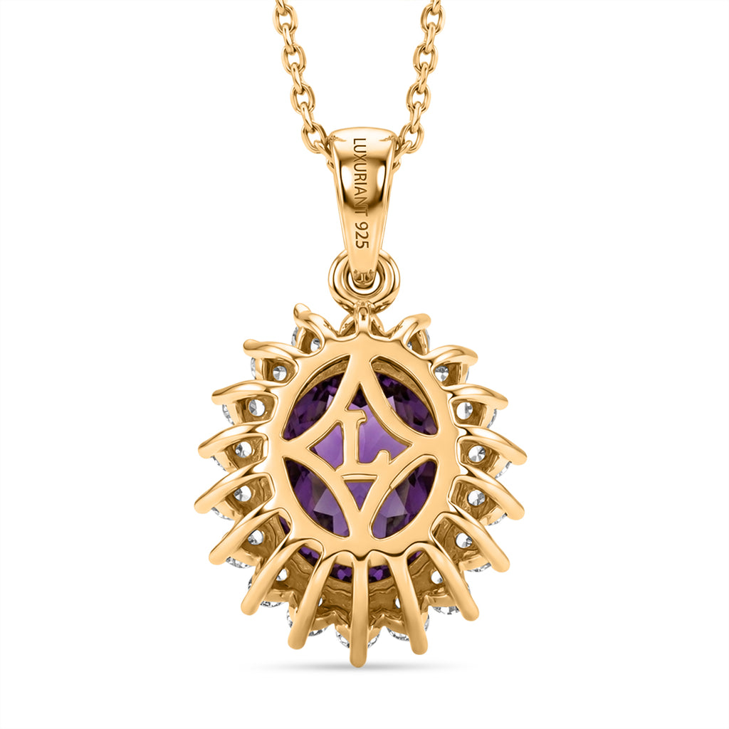 Luxuriant - AAA Zambian Amethyst & Lab Grown Diamond (SI/G-H) Halo Drop Pendant with Chain (Size 20) in 18K Vermeil Yellow Gold Plated Sterling Silver 2.85 Ct._4478867_4